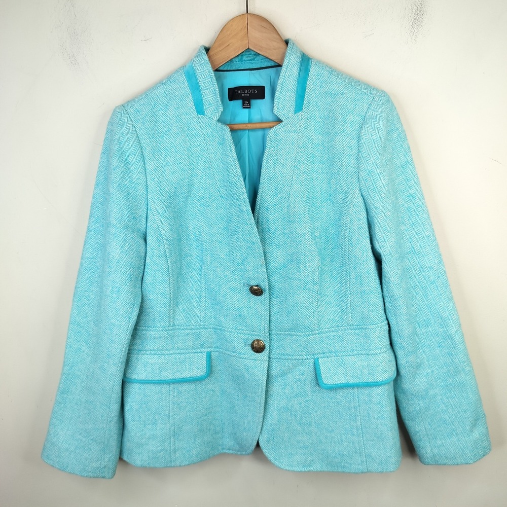 Talbots Herringbone Wool Blazer Velvet Trim 12P Women's Turquoise Blue